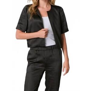 NEW J. SOCIETY satin short sleeve open blazer in black